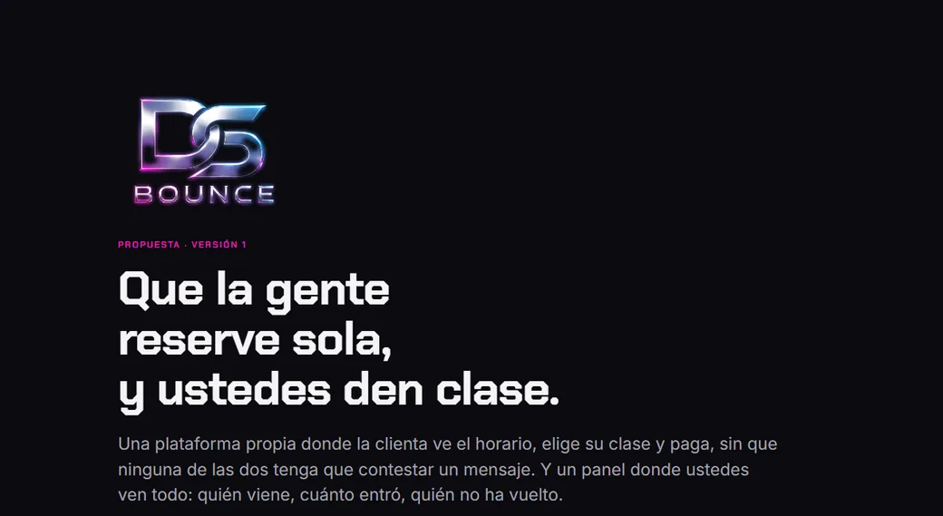 Project proposal cover for DS Bounce: dark page with chrome logo and the headline 'Que la gente reserve sola'
